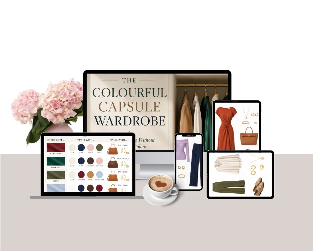 The Colourful Old Money Capsule Wardrobe Guide shown on laptop, tablet, and phone